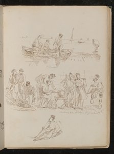 Trois figures dans une barque, scène de marché avec huit figures inscrites "Soldats piémontais achetant des fruits"
