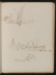 Trois études de navires, bateaux et paysage côtier - Lady Butler