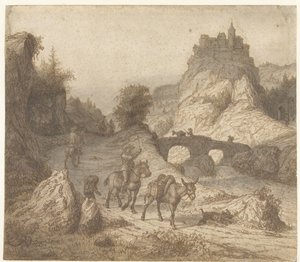 Paysage montagneux avec château et personnages