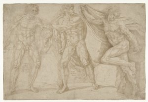 Trois hommes nus dans différentes positions - Lambert Lombard