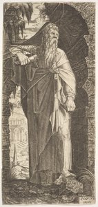 Saint Paul sous une arche envahie par la végétation, son pied gauche posé sur un rocher, sa main droite...