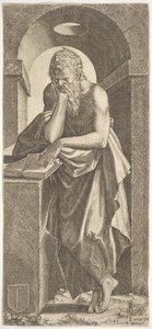 Saint Simon devant un livre ouvert avec les doigts de sa main gauche pressés sur le..., 1545 - Lambert Suavius