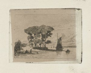 Paysage fluvial avec voilier et arbres