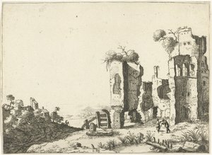 Homme appuyé sur un bâton devant une ruine (Paysages avec bâtiments romains antiques) - Laurens Barata