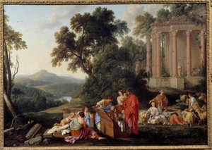 Laban cherche des idoles dans les bagages de Jacob et part avec sa famille dans son pays, mais Laban, son beau-père le rattrape pour récupérer les images des dieux volés que sa femme Rachel avait cachées dans la selle de son cheval - Laurent de la Hyre