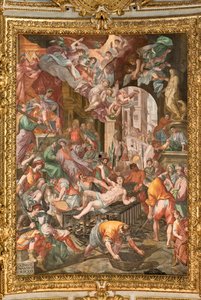 Gênes, Duomo (cathédrale Saint-Laurent), intérieur, voûte du presbytère : "Le martyre de Saint Laurent" - Lazzaro Tavarone