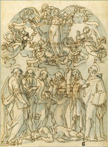 Vierge en gloire avec des saints, dont saint Jean, à leurs pieds - Lazzaro Tavarone