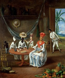 Une femme mulâtre avec sa fille blanche visitée par des femmes noires dans leur maison en Martinique, 1775 - Le Masurier