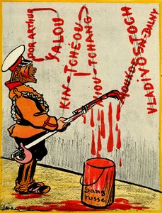Tsar russe peignant le mot Pax ou paix, composé des noms de batailles perdues avec du sang russe. 1904 - Leal de Camara