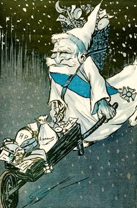 Le Noël pour les grands enfants - Le président français Émile Loubet déguisé en Père Noël avec une brouette de cadeaux pour les adultes. 1905. - Leal de Camara