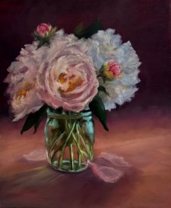 Pivoines dans un pot vert, 2024 (huile sur toile) - Lee Campbell