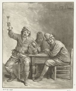 Trois hommes à table fumant et buvant