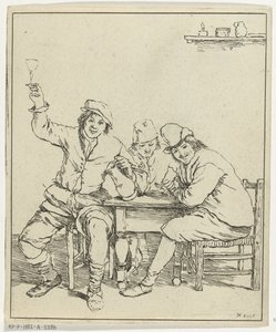 Trois hommes à table fumant et buvant