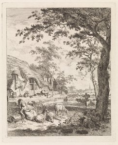 Bergère avec des moutons devant une ferme - Leendert Overbeek