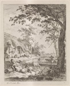 Bergère avec des moutons devant une ferme - Leendert Overbeek