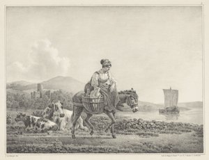 Femme sur un âne dans un paysage (série de six dessins de L. de Koningh) - Leendert de Koningh