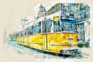 Tramway urbain - Aquarelle - Lembayung senja studio [Vintage Poster]