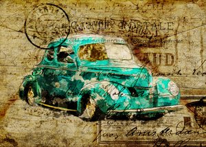 Carte postale vintage représentant une voiture bleu sarcelle