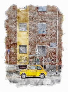 Voiture de ville classique jaune - Lembayung senja studio [Vintage Poster]