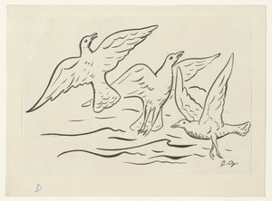 Trois oiseaux dans les airs au-dessus de la mer - Leo Gestel (signed by artist)