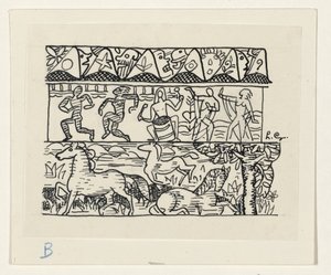 Chevaux, gens dansant et masques