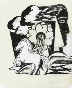 Cheval cabré, fleur et tête (esquisse) - Leo Gestel (signed by artist)
