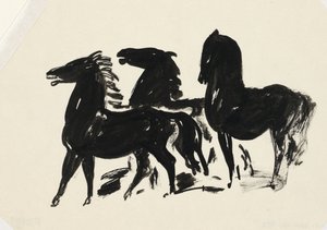 Trois chevaux noirs regardant vers la gauche - Leo Gestel