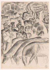 Vaches paissant, paysans et ouvriers dans les champs - Leo Gestel