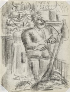 Chasseur assis à une table de café, en craie noire - Leo Gestel