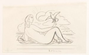 Femme nue allongée sur la plage et une mouette