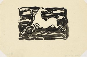 Cheval sautant avec la tête tournée en arrière dans un cadre avec des vagues en arrière-plan - Leo Gestel