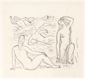 Cinq femmes nues, dans les vagues ou sur la plage