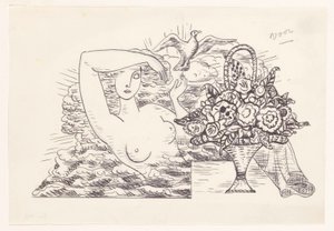 Nu féminin dans les vagues libérant un oiseau, au premier plan un panier de fleurs