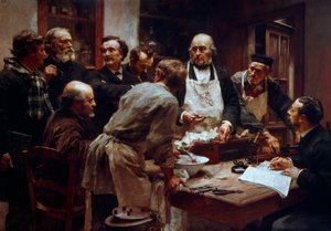 Le cours de dissection du docteur Claude Bernard (1813-1878) (avec le tablier) en présence de ses élèves Paul Bert (1833-1886) et Arsène d