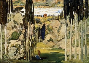 Decor pour le ballet Daphnis et Chloe de Maurice Ravel (1875-1937) (Stage design for the ballet Daphnis and Chloe by M.Ravel). Peinture de Leon Bakst (1866-1924). Aquarelle et gouache sur papier, 74 x 103,5 cm - Leon Bakst
