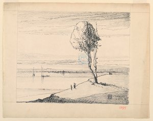 Colline et arbre avec des voiliers au loin - Leon Dabo
