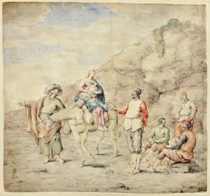 La Sainte Famille passant devant quatre hommes