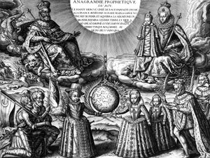 Famille royale française en 1607 (propagande) : le roi Henri IV de France et sa femme la reine Marie de Médicis tenant leur fille Christine ; en bas : leurs autres enfants : le futur Louis XIII, Élisabeth et Henriette-Marie. À droite : le roi suivi de son  - Leonard Gaultier
