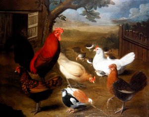 Une scène de cour de ferme avec un coq - Leonard Hubner