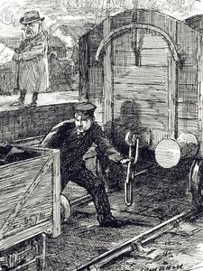 Un dessin commentant les accidents des travailleurs ferroviaires. Illustré par Leonard Raven-Hill (1867-1942) un artiste, illustrateur et caricaturiste anglais, 20e siècle - Leonard Raven Hill