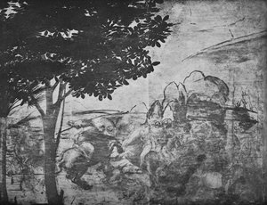 Adoration des mages - Bataille de cavaliers au loin à droite
