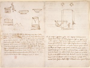 Arundel 263, f.259v, f.260 Notes et croquis grossiers sur le processus de production du salpêtre pour préparer la poudre à canon (pas de la main de Léonard) - Leonardo da Vinci