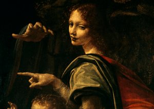 Détail de la Vierge aux rochers, Saint Jean-Baptiste pointant du doigt et main de la Vierge Marie - Leonardo da Vinci