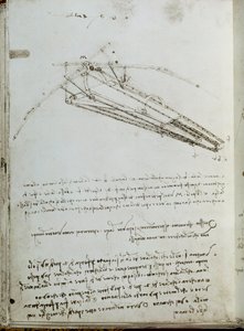 Dessin de machine volante. Manuscrit de Léonard de Vinci
