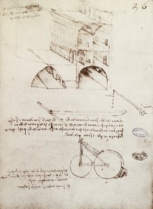 Manuscrit B, f 36 r Études architecturales, développement et sections de bâtiments dans une ville avec des rues surélevées - Leonardo da Vinci