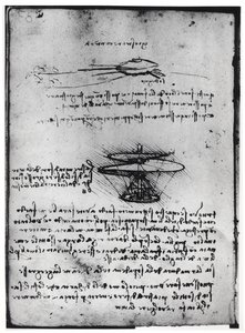 Manuscrit de Paris B, fol. 83v : Page de texte et croquis pour une machine volante, 1488-90 - Leonardo da Vinci