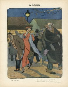 Illustration de Léonce Burret (1865-1915) dans Le Sourire, no. 4, 23/01/13 - Les petites - Nocturne, Prostitution, Casseroles en papier, Lampadaire, Fourrure - Leonce Burret