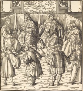Assemblée de quatre rois, au premier plan quatre hommes - Leonhard Beck