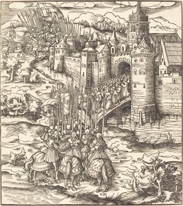 Divers hommes agenouillés sur un pont devant une ville - Leonhard Beck