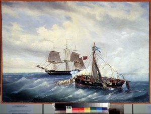 La bataille navale entre le petit navire russe Opyt et la frégate britannique, au large de l